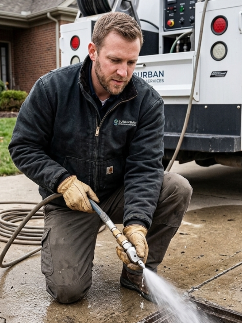 Plumber using jetter nozzle