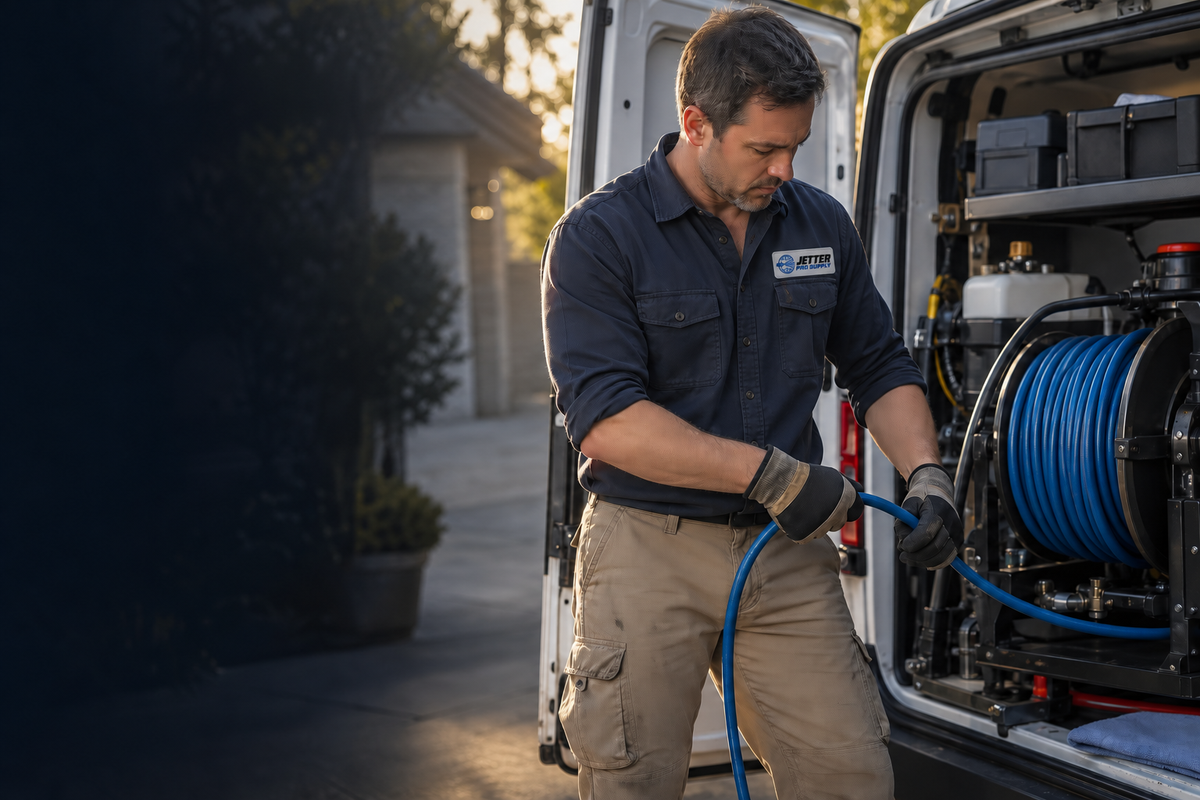 Plumber wearing a Jetter Pro Supply work shirt beside a sewer jetting van