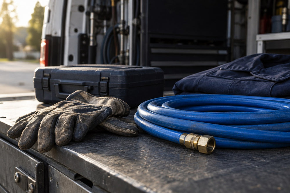 Illustrative work gloves and blue jetter hose ready for the next job